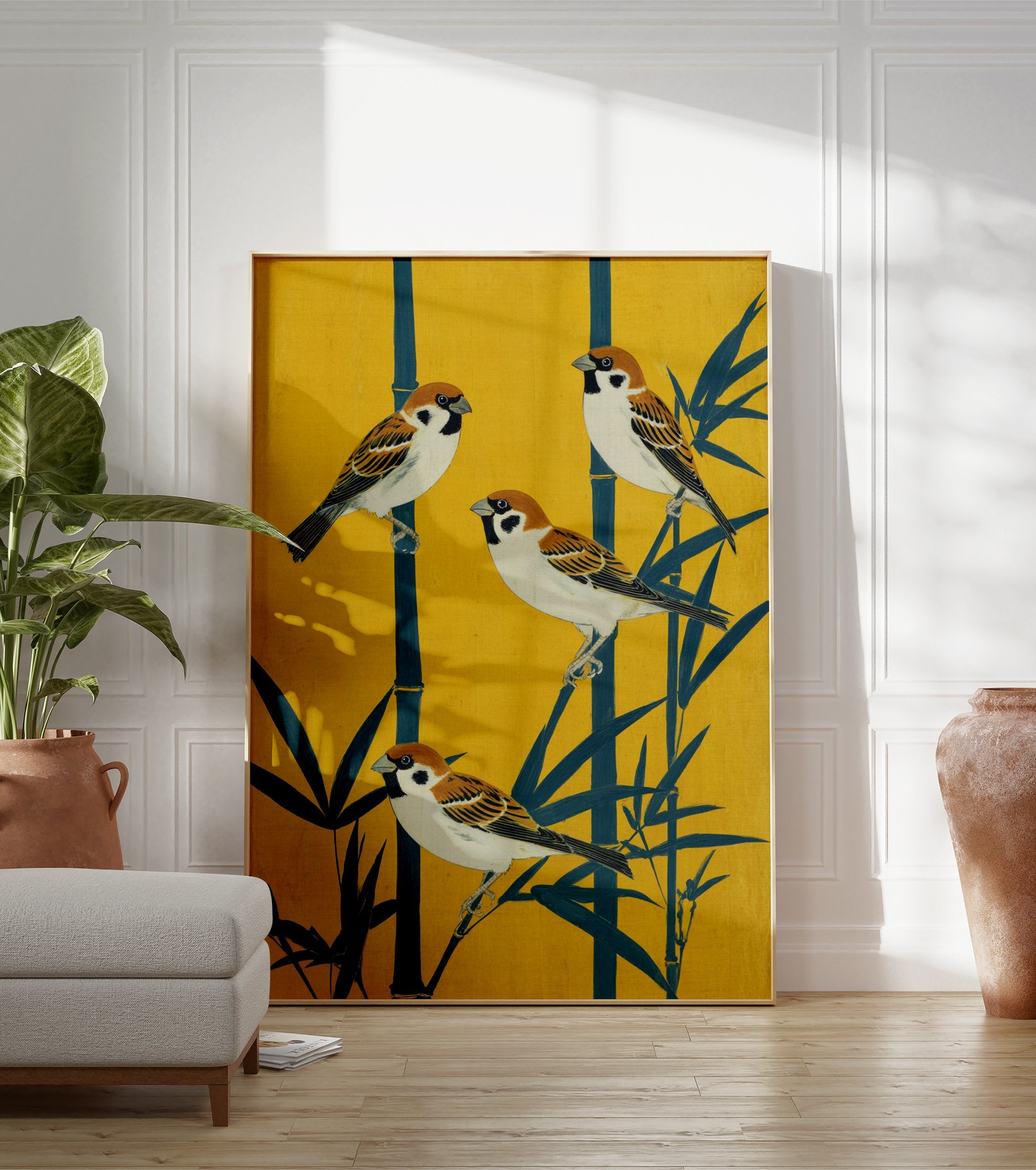Japanese Sparrow Poster featuring four sparrows perched on teal bamboo stalks against a vibrant yellow background. - Image 3