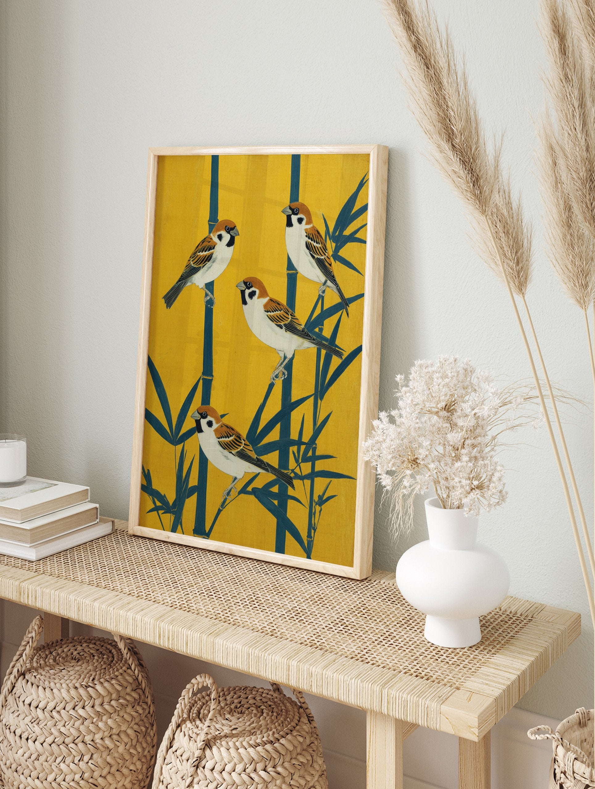 Japanese Sparrow Poster featuring four sparrows perched on teal bamboo stalks against a vibrant yellow background. - Image 4