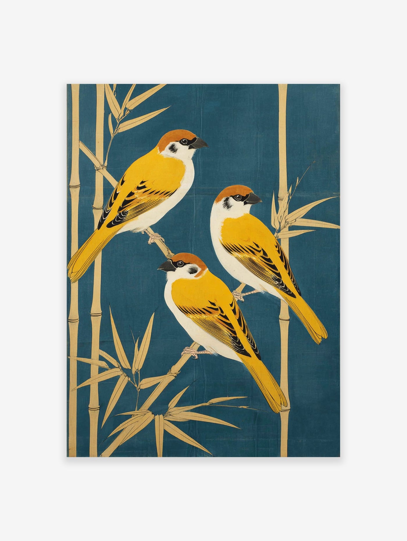 Japanese sparrow poster featuring three yellow and brown birds perched on golden bamboo stalks against a deep blue background.