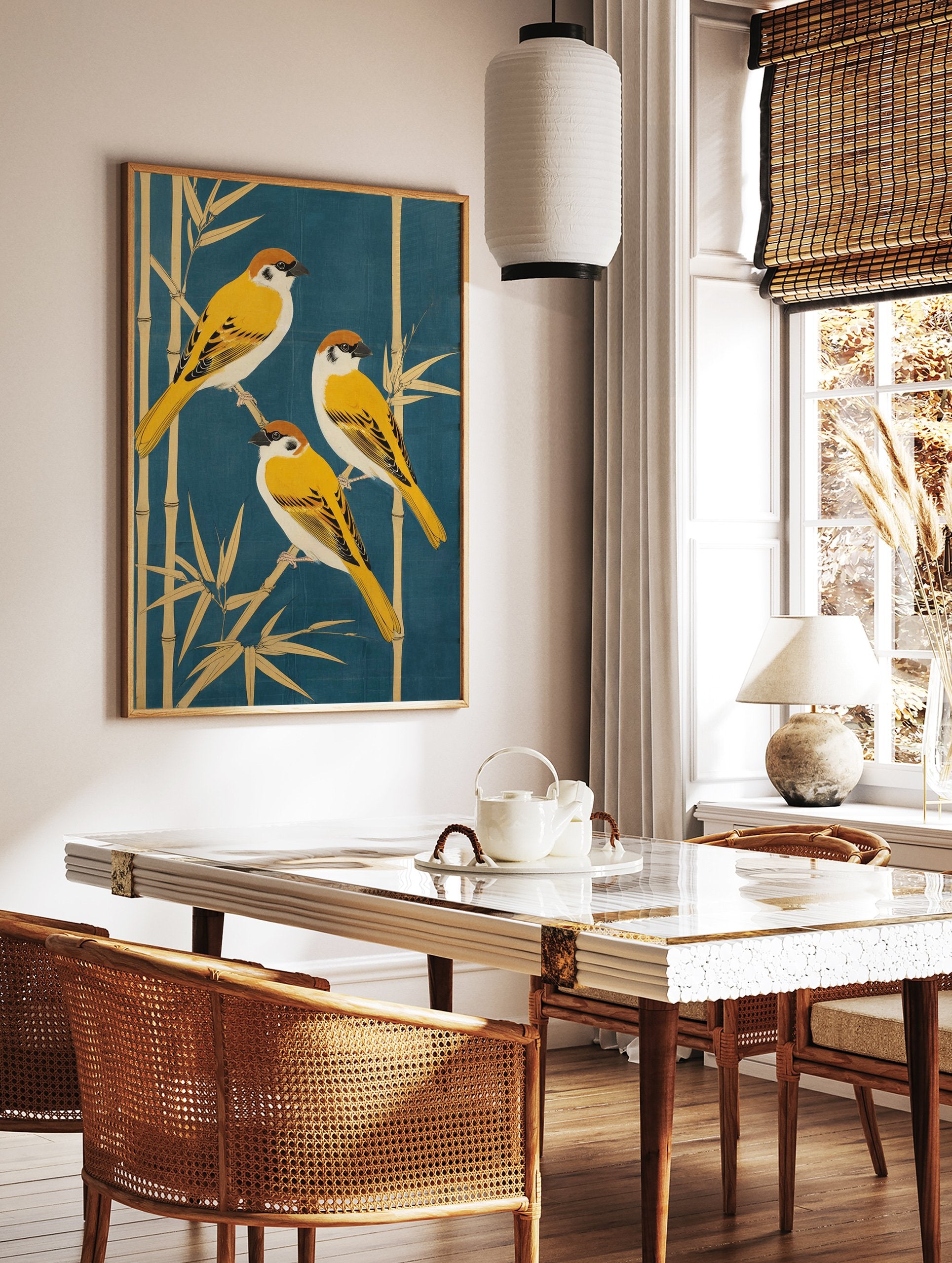 Japanese sparrow poster featuring three yellow and brown birds perched on golden bamboo stalks against a deep blue background. - Image 2