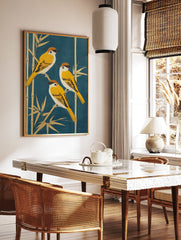 Japanese sparrow poster featuring three yellow and brown birds perched on golden bamboo stalks against a deep blue background. - Image 2
