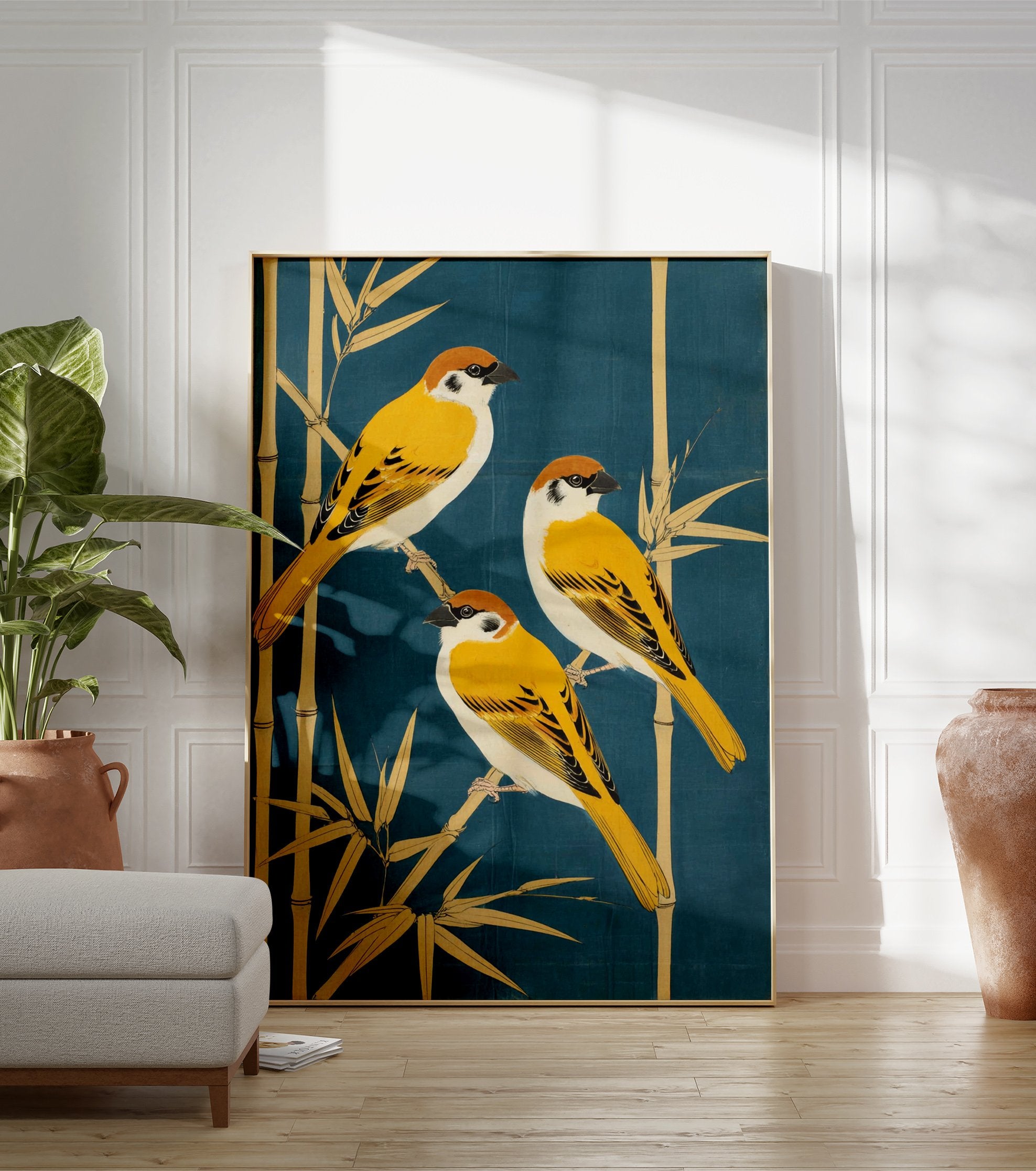 Japanese sparrow poster featuring three yellow and brown birds perched on golden bamboo stalks against a deep blue background. - Image 3