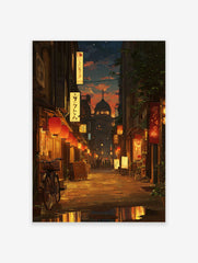 Japanese street art print depicting an evening alleyway with red lanterns, illuminated signs, a bicycle, and a distant dome building.