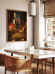 Japanese street art print depicting an evening alleyway with red lanterns, illuminated signs, a bicycle, and a distant dome building. - Image 3