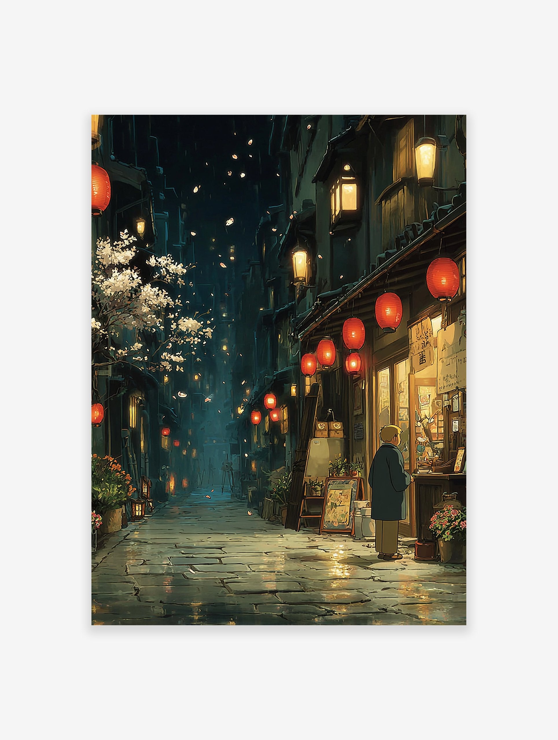 Japanese street at night with falling cherry blossoms, red lanterns, and a person looking into a shop window.