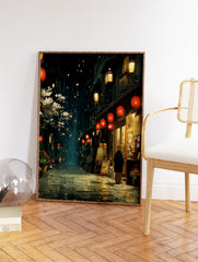 Japanese street at night with falling cherry blossoms, red lanterns, and a person looking into a shop window. - Image 2