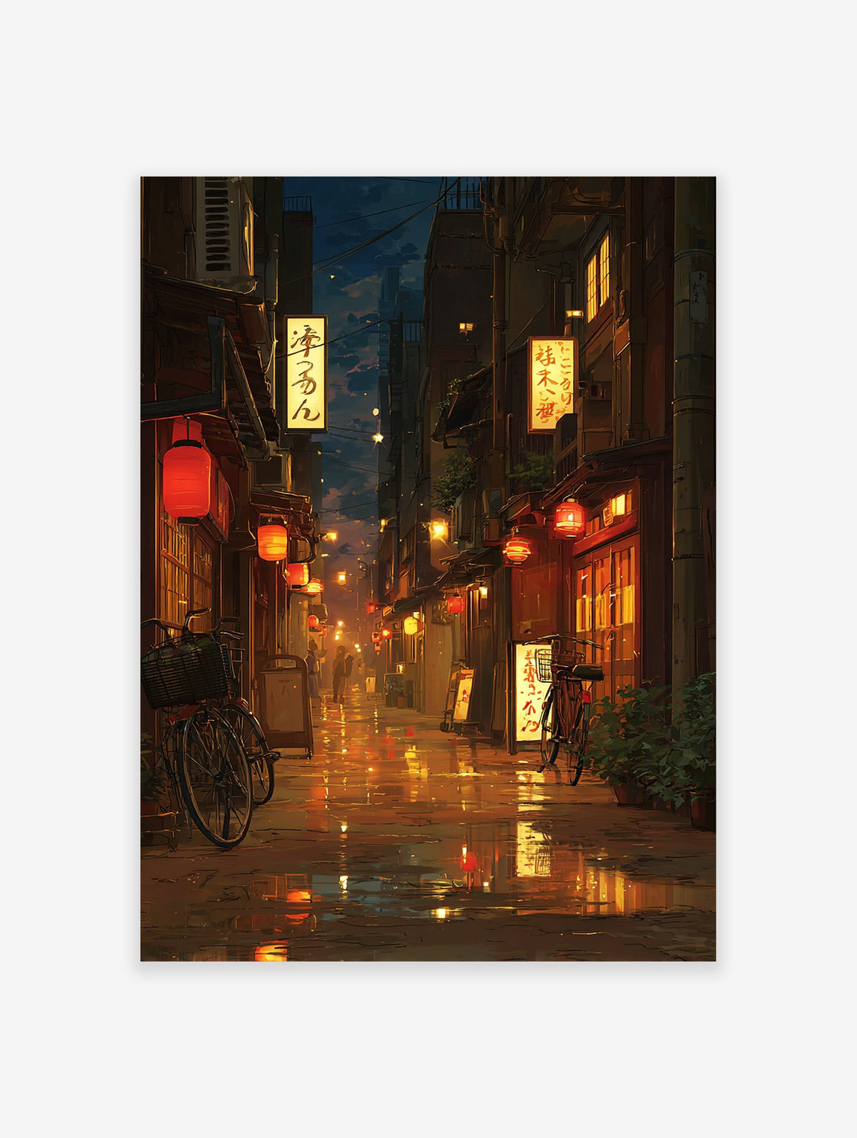 Rainy Japanese city street at night with glowing red lanterns, illuminated shop signs, wet reflections, and bicycles.