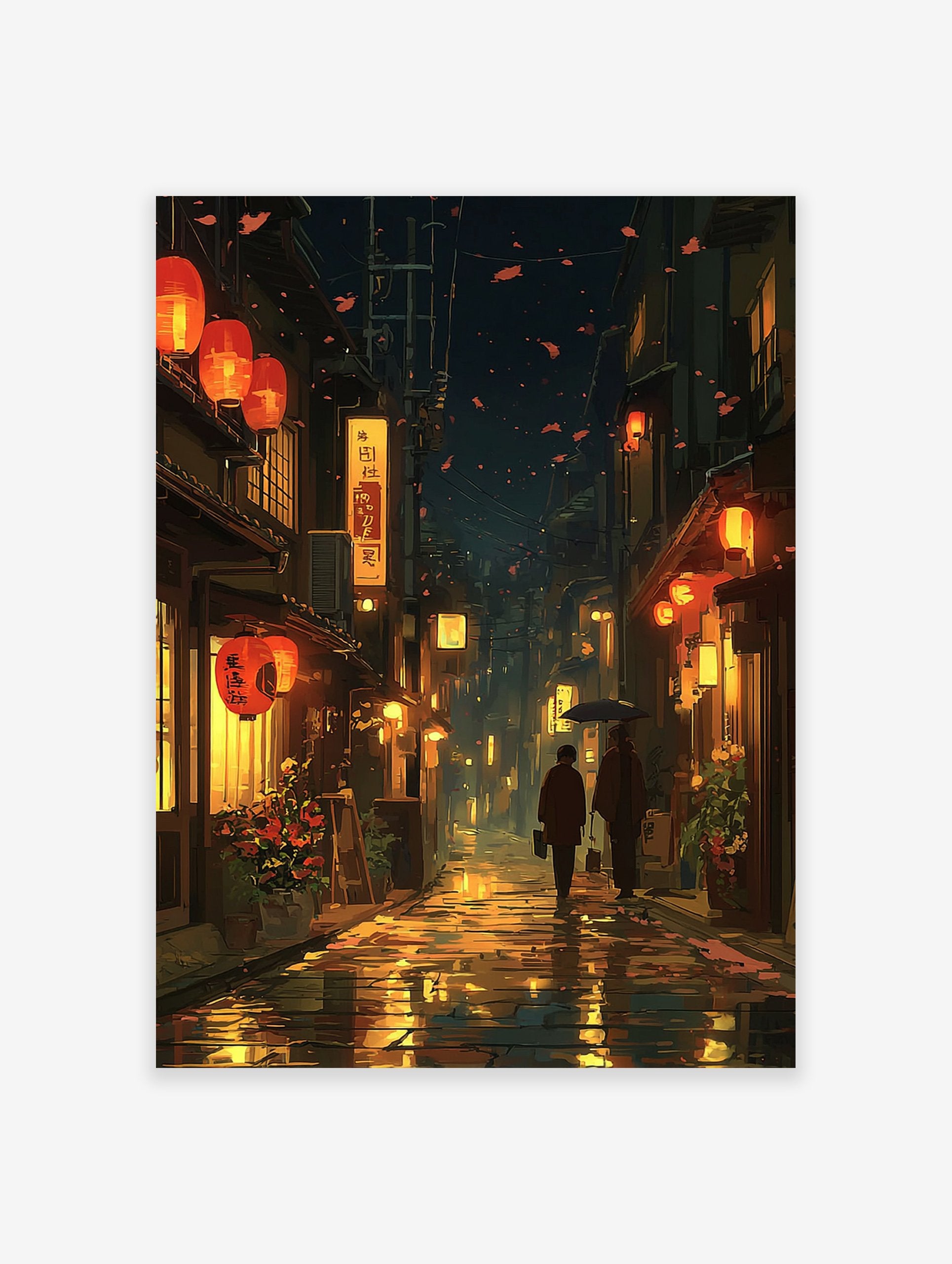 Japanese street art poster of a rainy night with glowing orange lanterns, traditional buildings, and two figures with umbrellas.