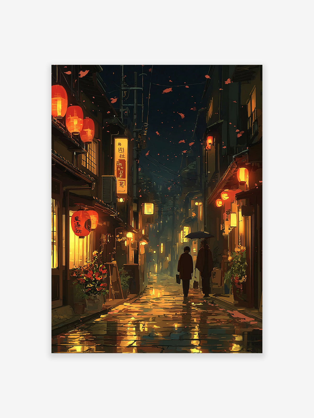 Japanese street art poster of a rainy night with glowing orange lanterns, traditional buildings, and two figures with umbrellas.