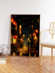 Japanese street art poster of a rainy night with glowing orange lanterns, traditional buildings, and two figures with umbrellas. - Image 2