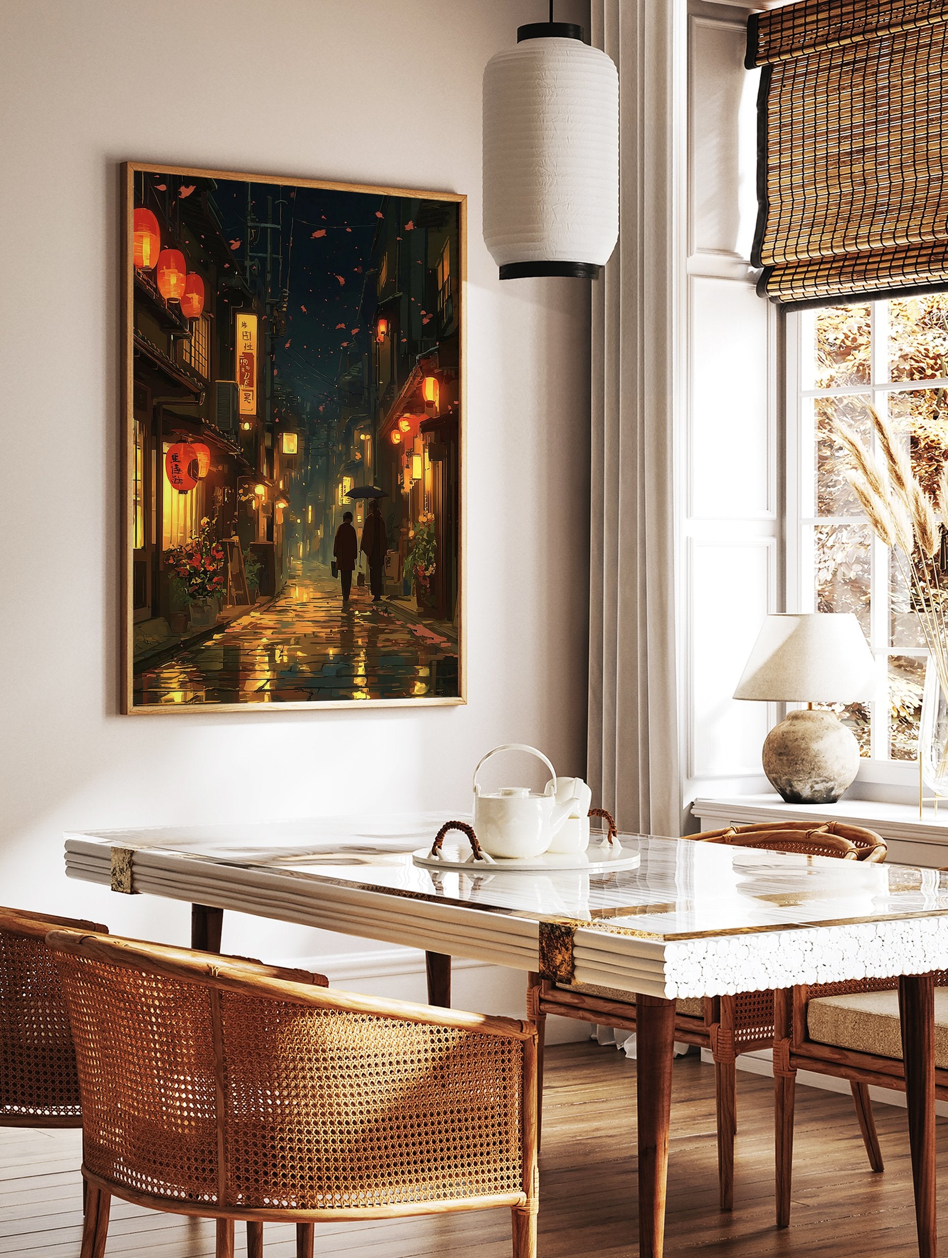 Japanese street art poster of a rainy night with glowing orange lanterns, traditional buildings, and two figures with umbrellas. - Image 3