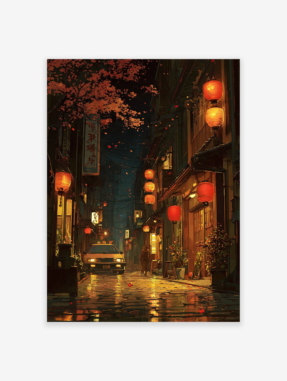 Illustrative Japanese street scene at night with glowing red and orange lanterns, a yellow taxi, and falling autumn leaves on wet pavement.