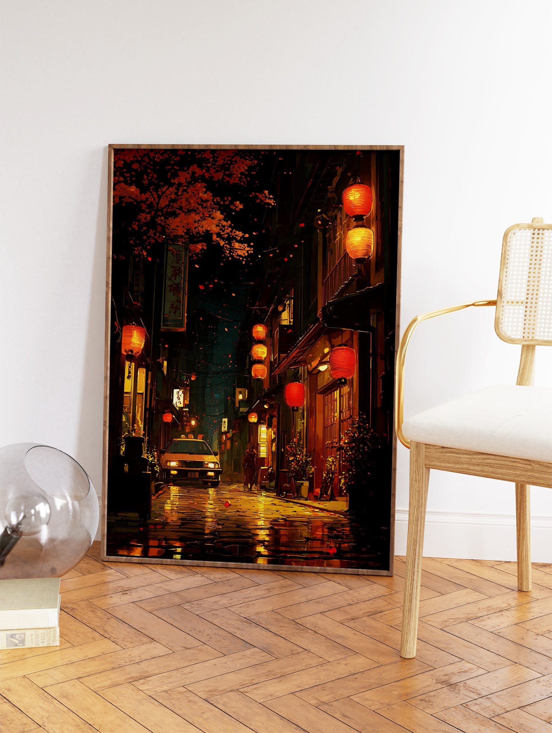 Illustrative Japanese street scene at night with glowing red and orange lanterns, a yellow taxi, and falling autumn leaves on wet pavement. - Image 2