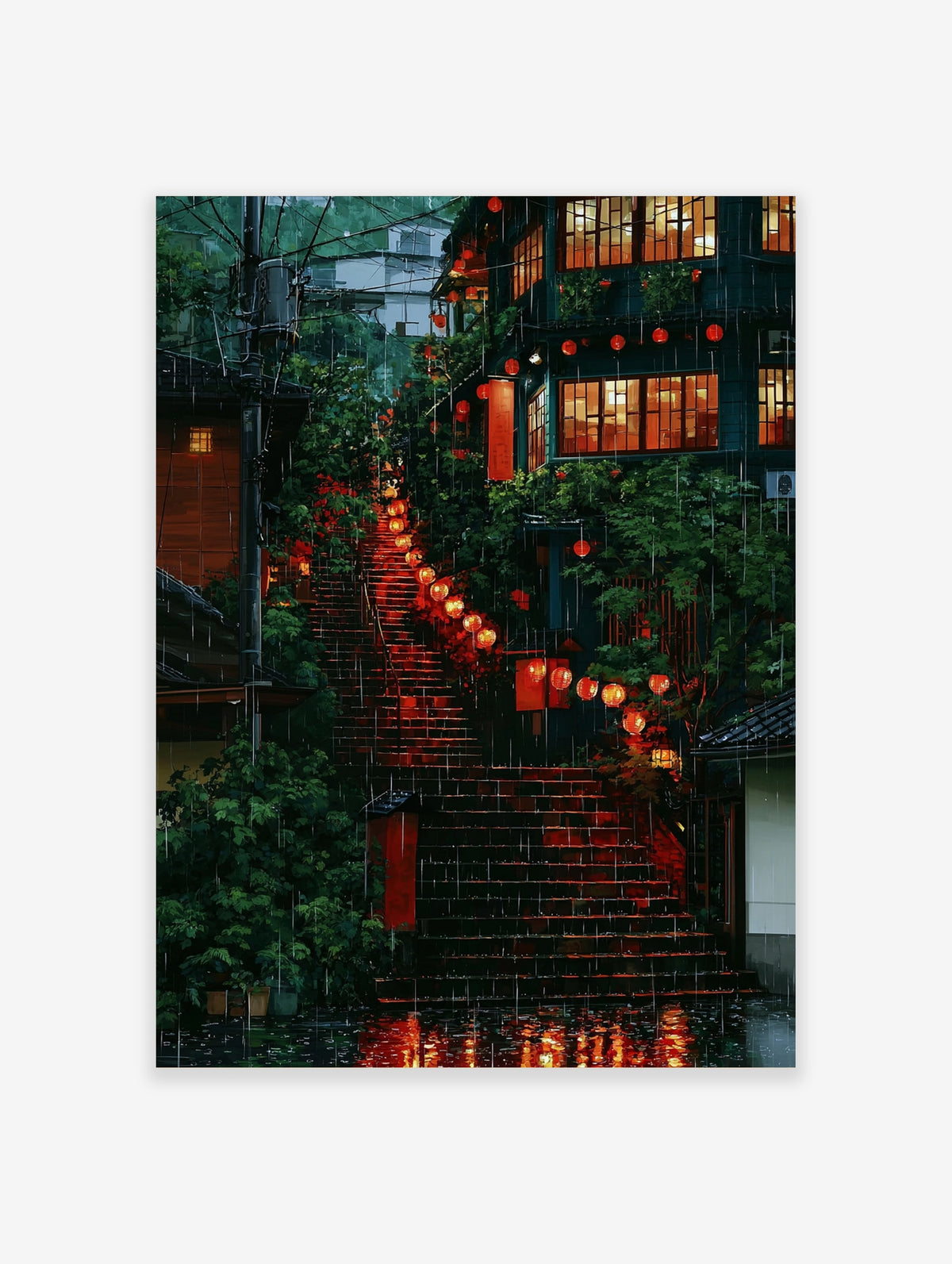 Rainy Japanese street at night with red paper lanterns, wet stone steps, and glowing wooden houses