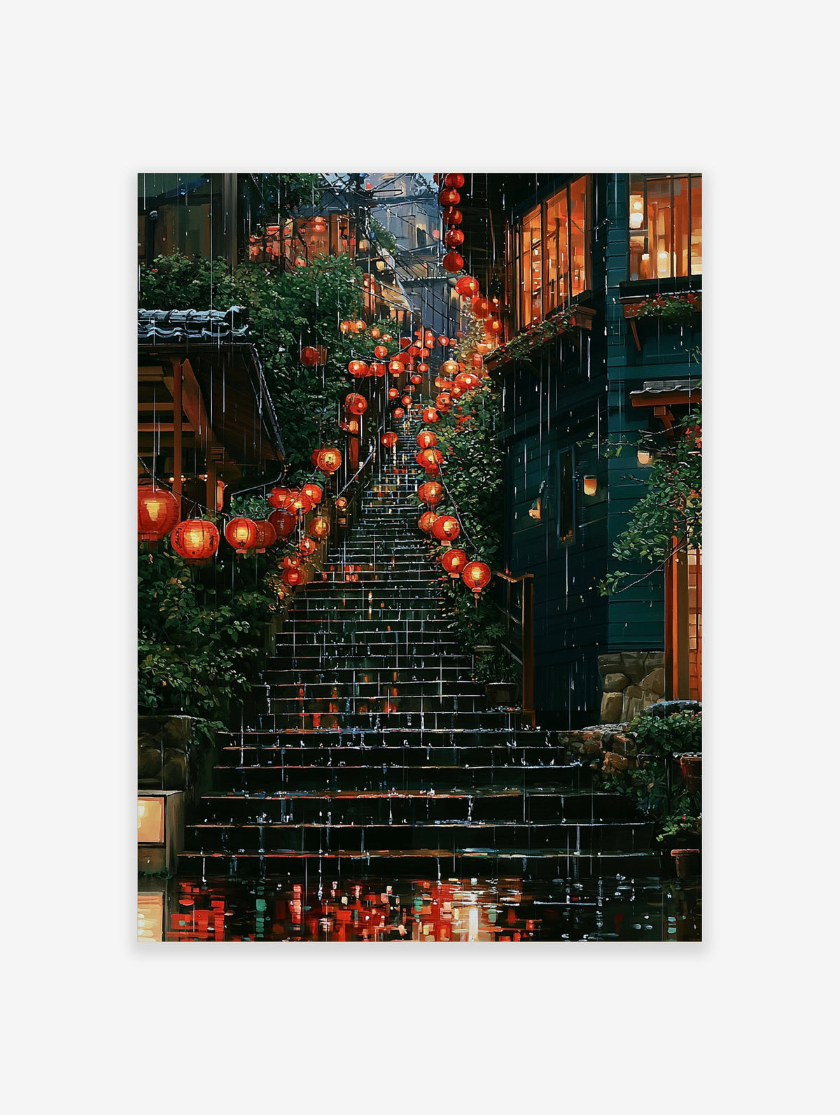 Japanese street lantern print of red paper lanterns on wet stone steps at night in the rain