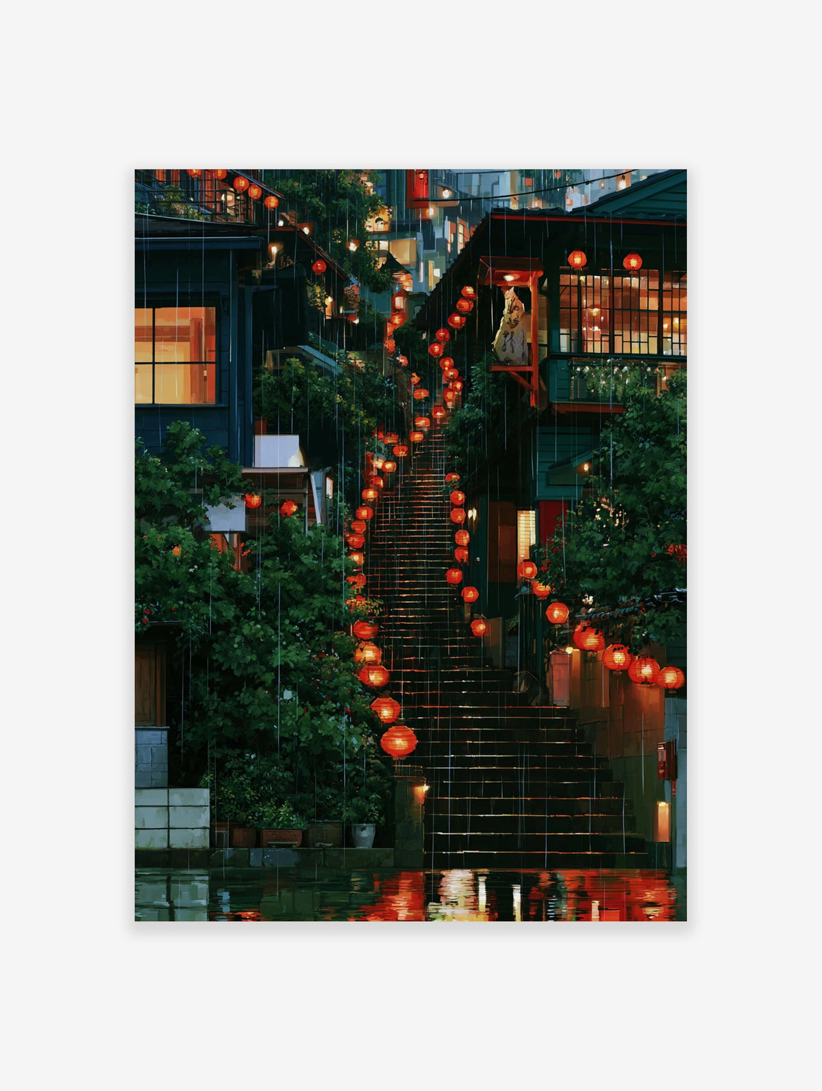 Japanese street at night with red paper lanterns on a rainy staircase, green foliage and warm window light