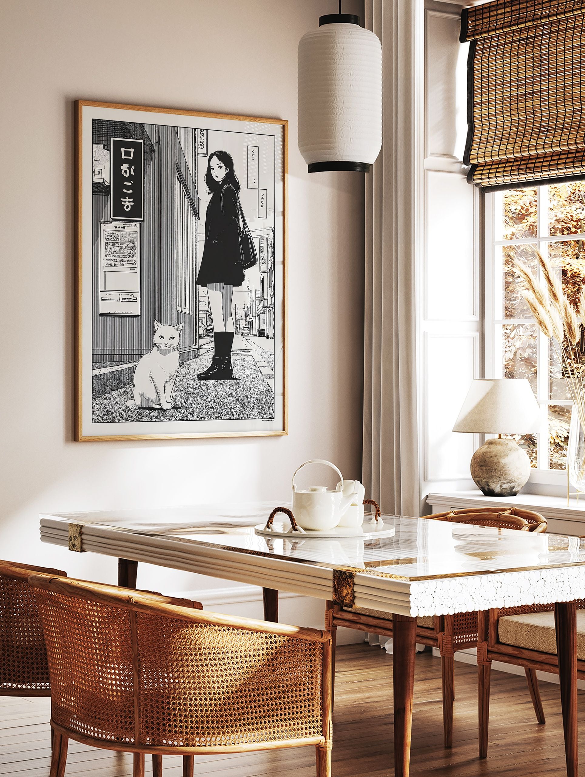 Japanese street poster featuring a girl in a black coat standing next to a white cat, with Japanese text on a sign. - Image 2