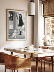Japanese street poster featuring a girl in a black coat standing next to a white cat, with Japanese text on a sign. - Image 2