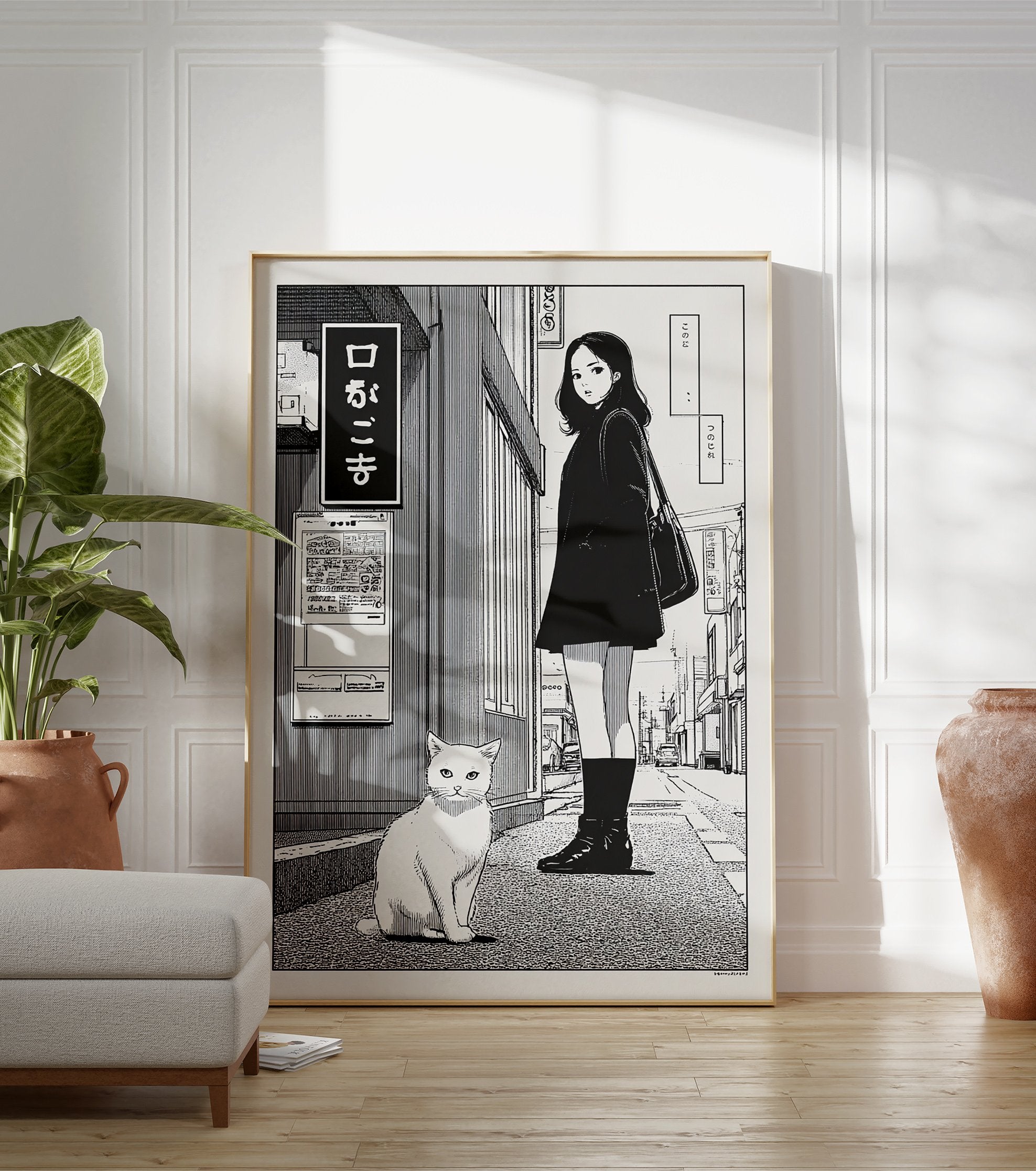 Japanese street poster featuring a girl in a black coat standing next to a white cat, with Japanese text on a sign. - Image 3