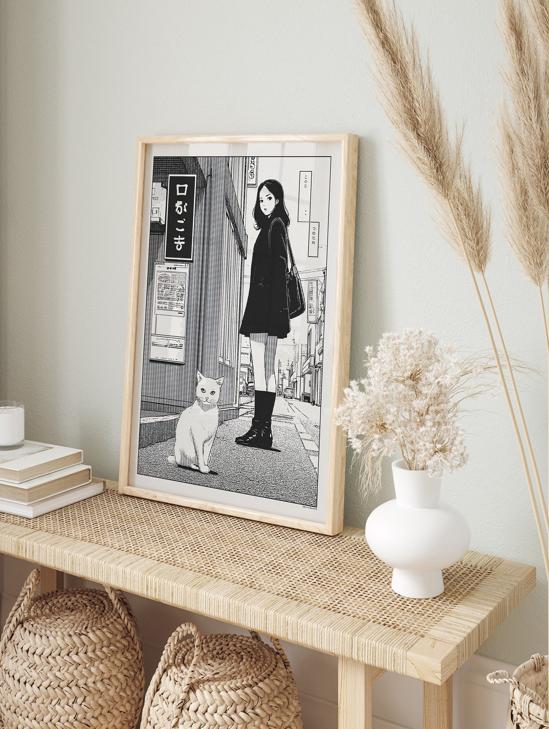 Japanese street poster featuring a girl in a black coat standing next to a white cat, with Japanese text on a sign. - Image 4