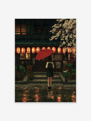 Japanese street poster of a girl with a red umbrella outside a restaurant on a rainy night, with cherry blossoms.