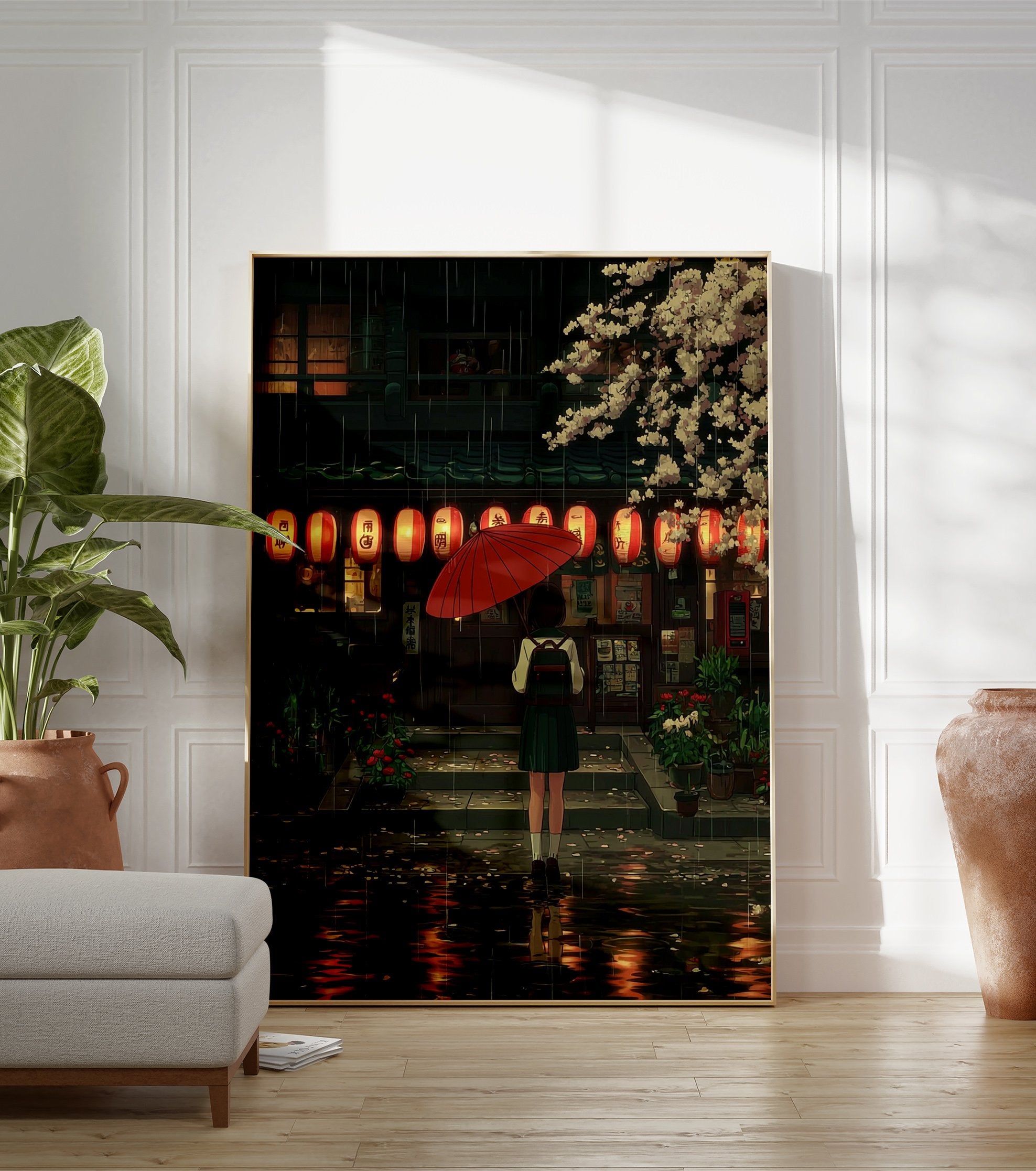 Japanese street poster of a girl with a red umbrella outside a restaurant on a rainy night, with cherry blossoms. - Image 3