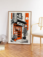 Vibrant orange and black Japanese street scene illustration art print with a building, plants, and lantern. - Image 2