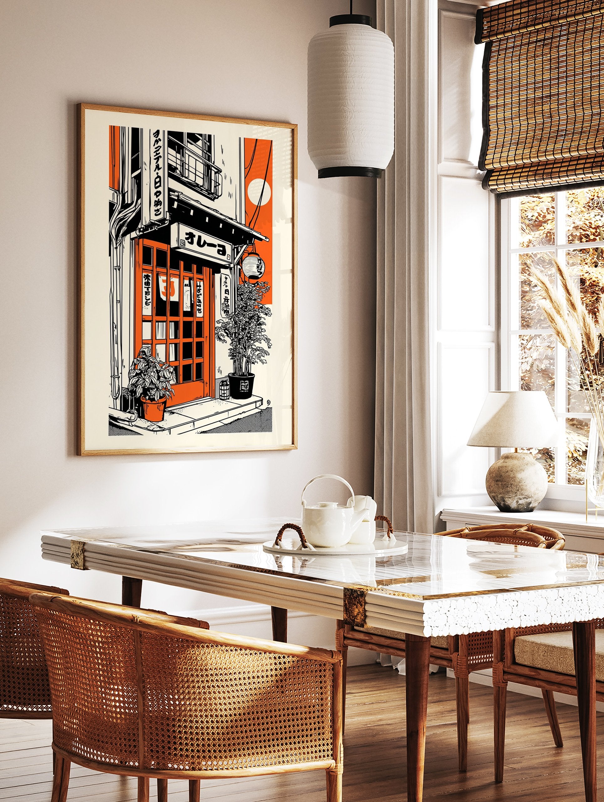 Vibrant orange and black Japanese street scene illustration art print with a building, plants, and lantern. - Image 3