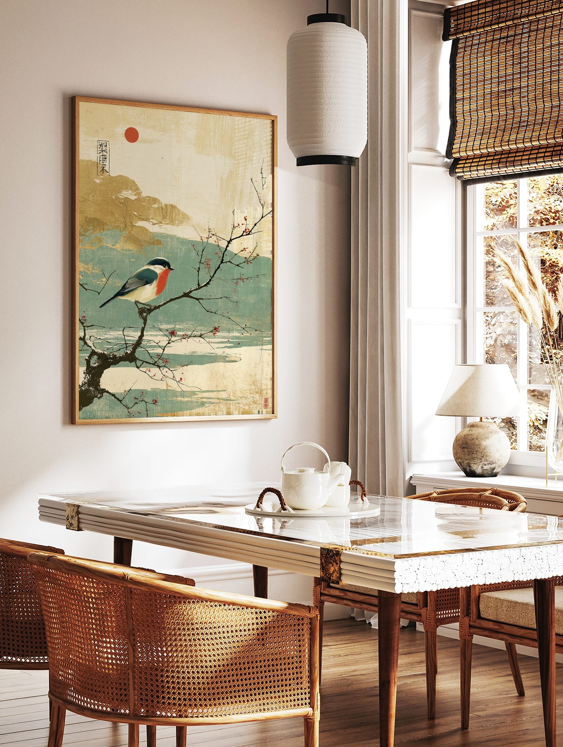 Japanese style print of a red-breasted bullfinch on a snowy branch with red berries and a red sun, in a styled room mockup