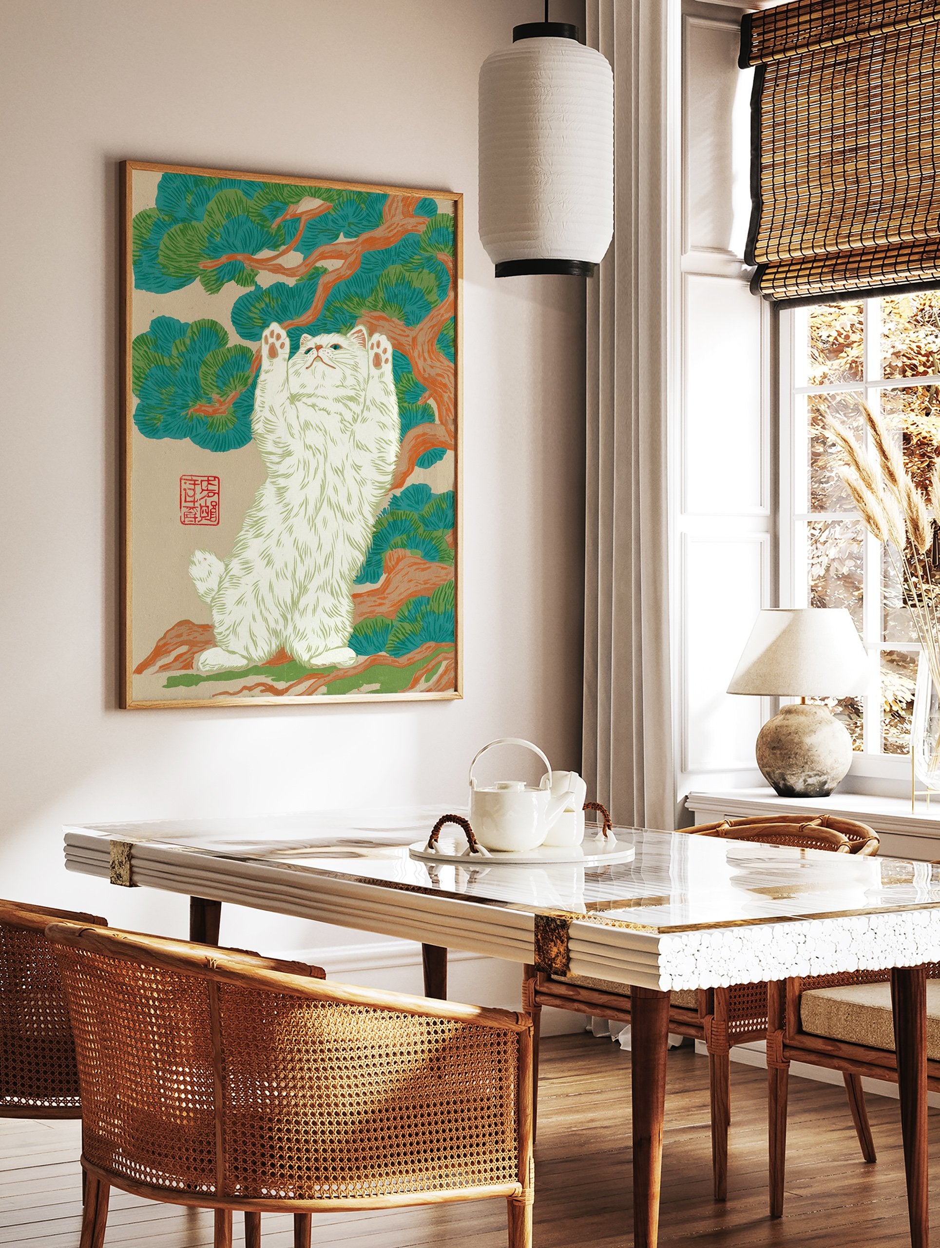 Japanese style cat wall art featuring a white cat with paws raised, standing under a pine tree with green and orange branches. - Image 2