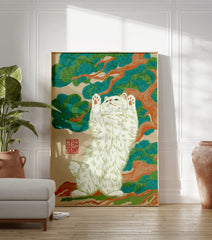 Japanese style cat wall art featuring a white cat with paws raised, standing under a pine tree with green and orange branches. - Image 3