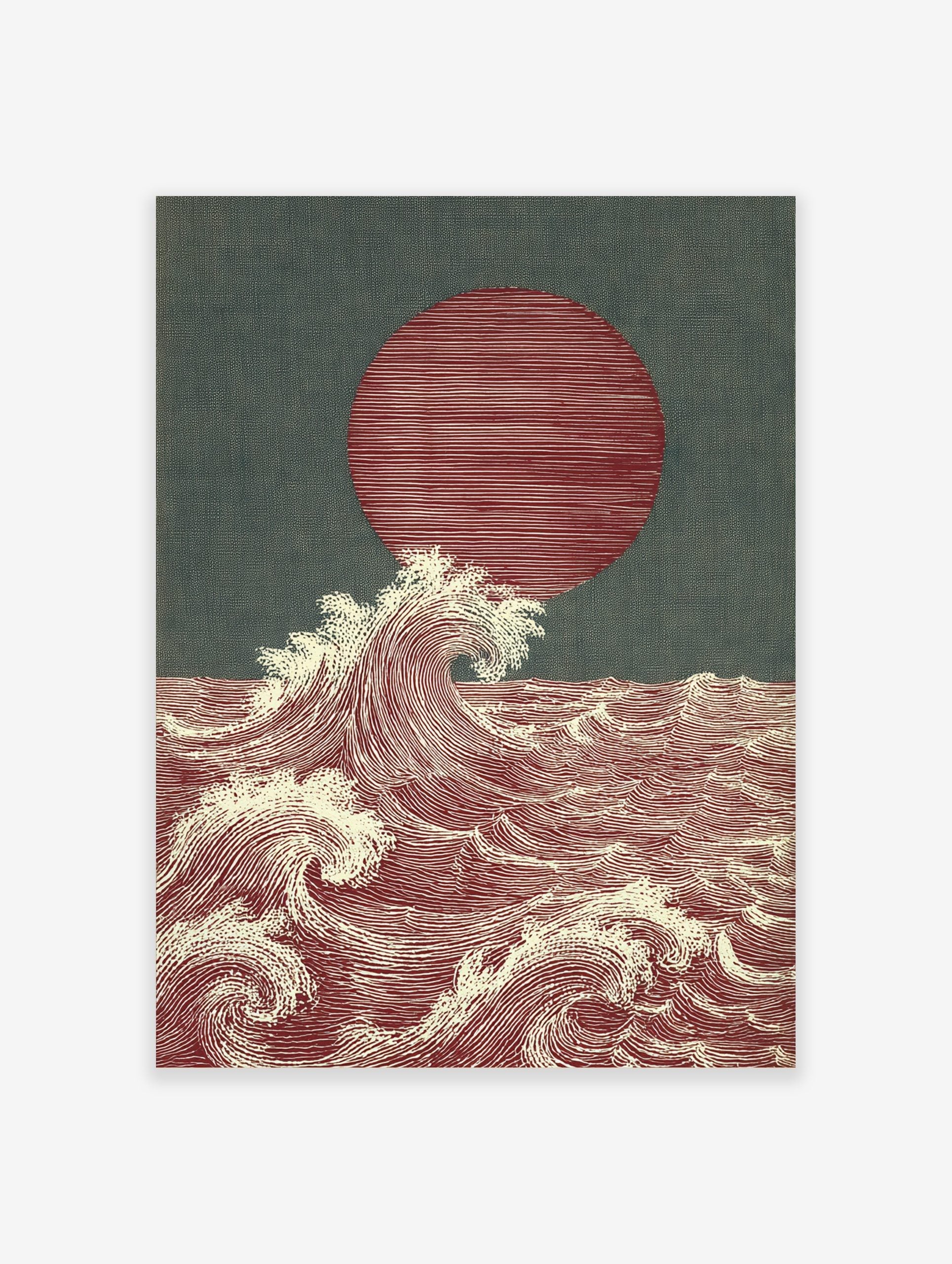 Japanese style ocean waves art print with a large red sun and white cresting waves on a dark teal background