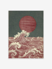 Japanese style ocean waves art print with a large red sun and white cresting waves on a dark teal background