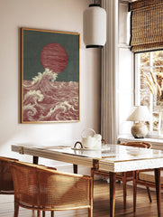 Japanese style ocean waves art print with a large red sun and white cresting waves on a dark teal, in a styled room mockup