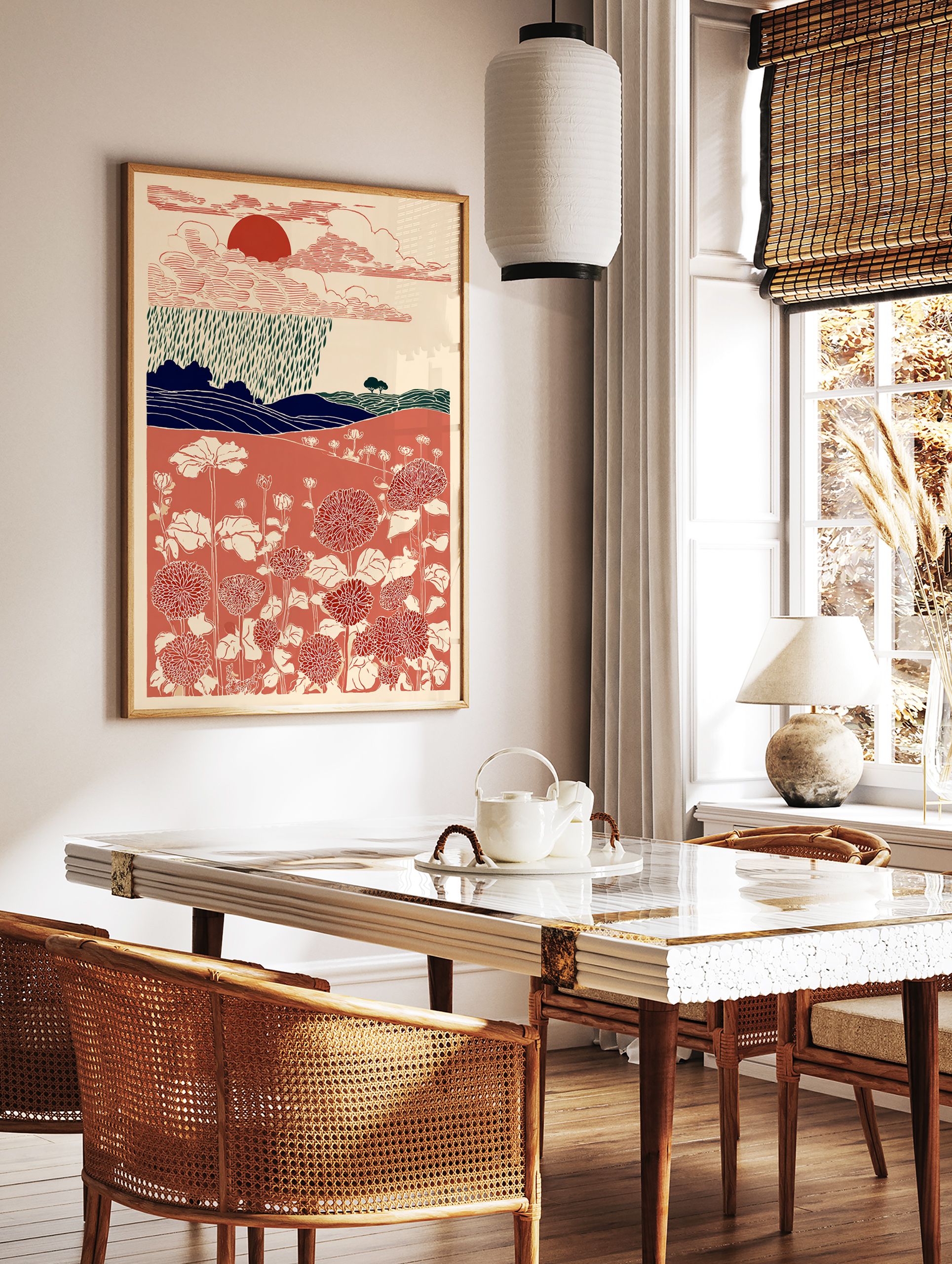 Japanese style wall art print featuring a red sun, clouds, rain, blue hills, and a vibrant field of red and cream flowers. - Image 2