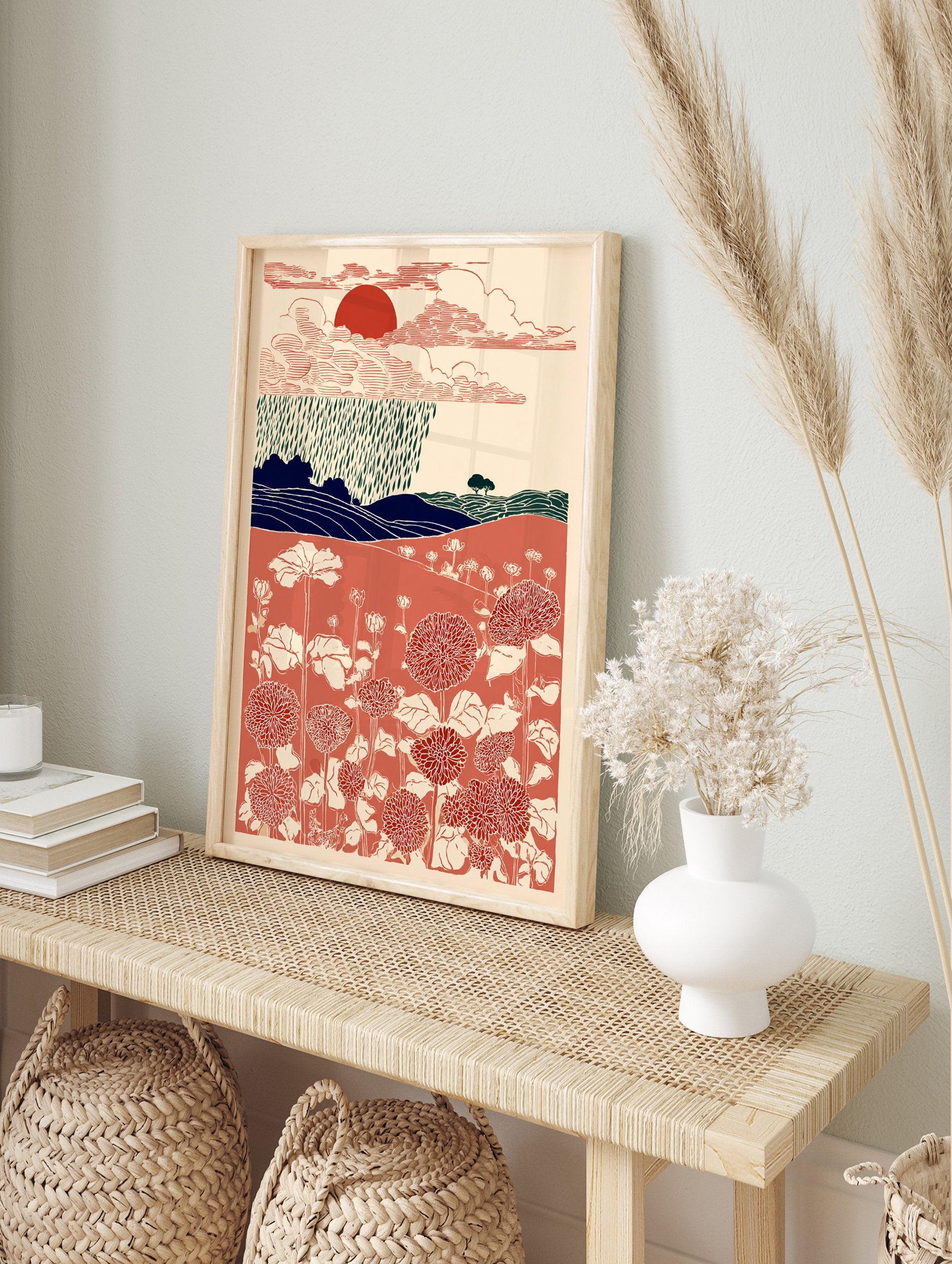 Japanese style wall art print featuring a red sun, clouds, rain, blue hills, and a vibrant field of red and cream flowers. - Image 3