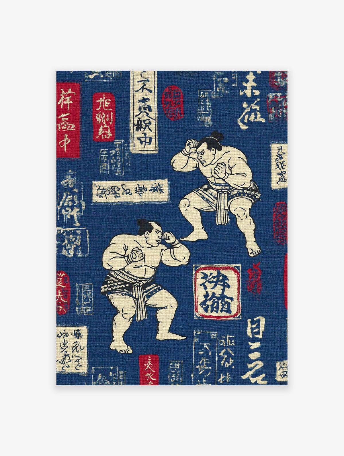 Two traditional Japanese sumo wrestlers depicted mid-bout on a deep blue background with white and red calligraphy, Japanese Sumo Wall Art.
