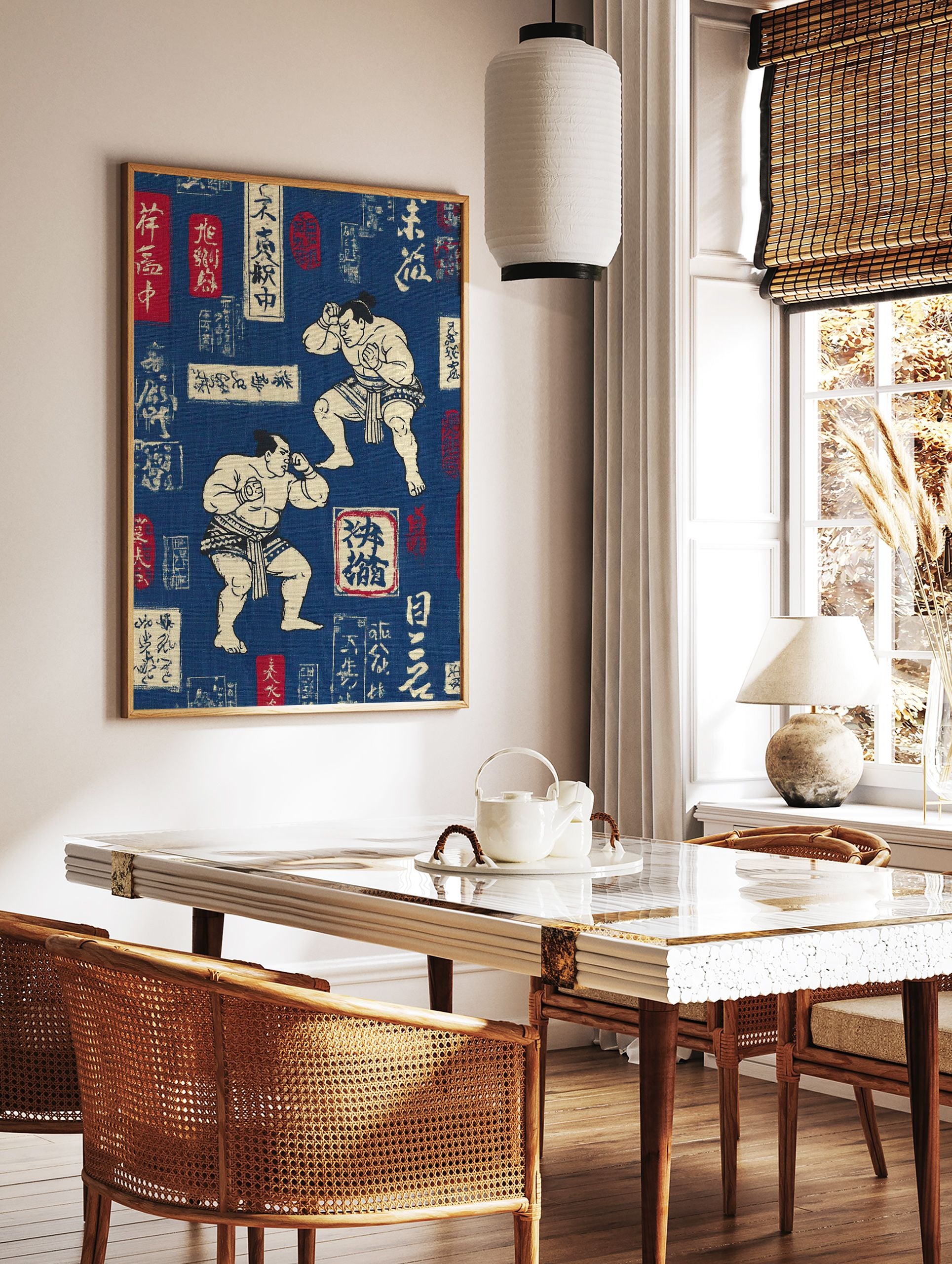 Two traditional Japanese sumo wrestlers depicted mid-bout on a deep blue background with white and red calligraphy, Japanese Sumo Wall Art. - Image 3