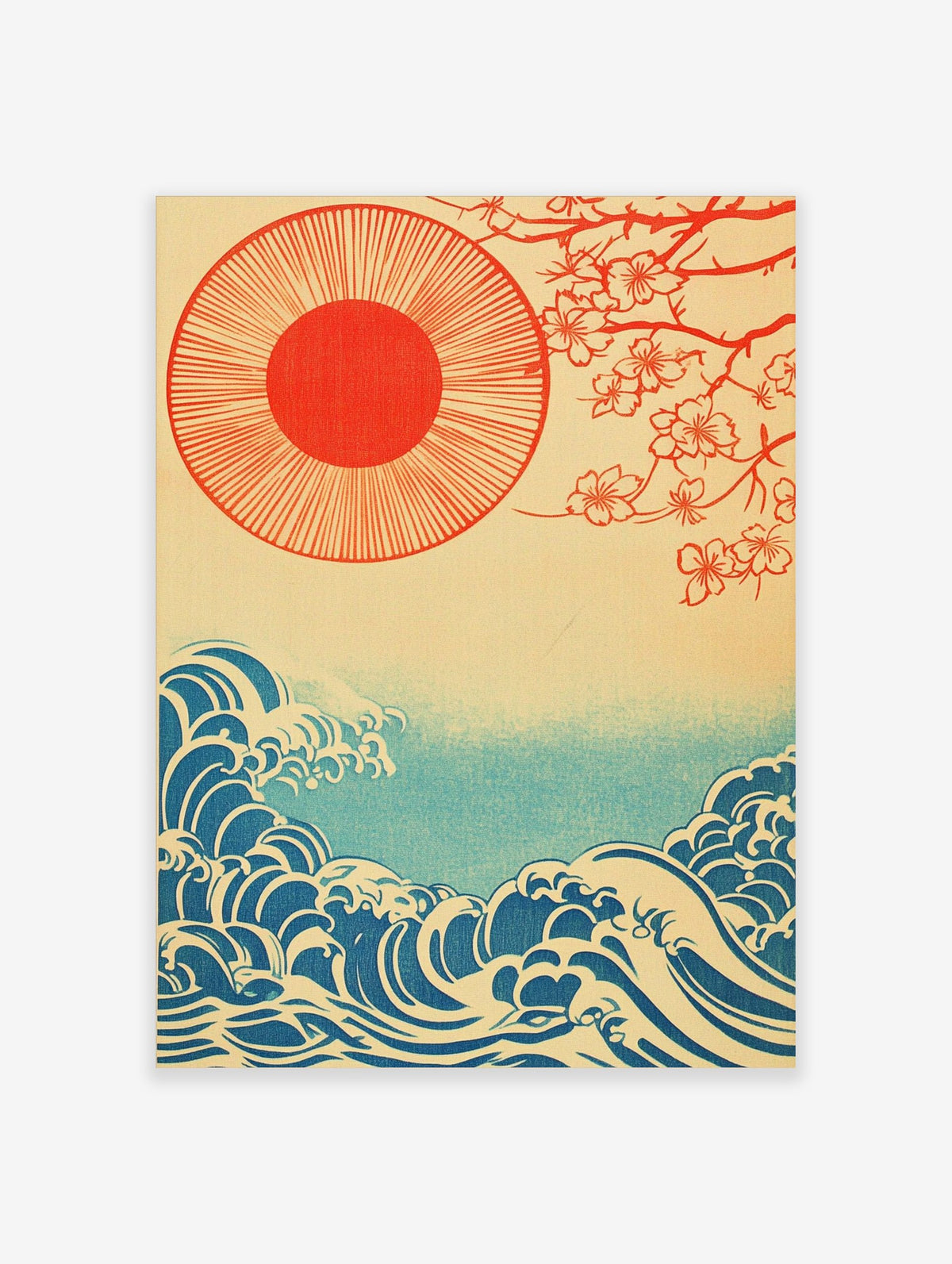 Japanese illustration with red sun, cherry blossom branches, and blue ocean waves on a beige background