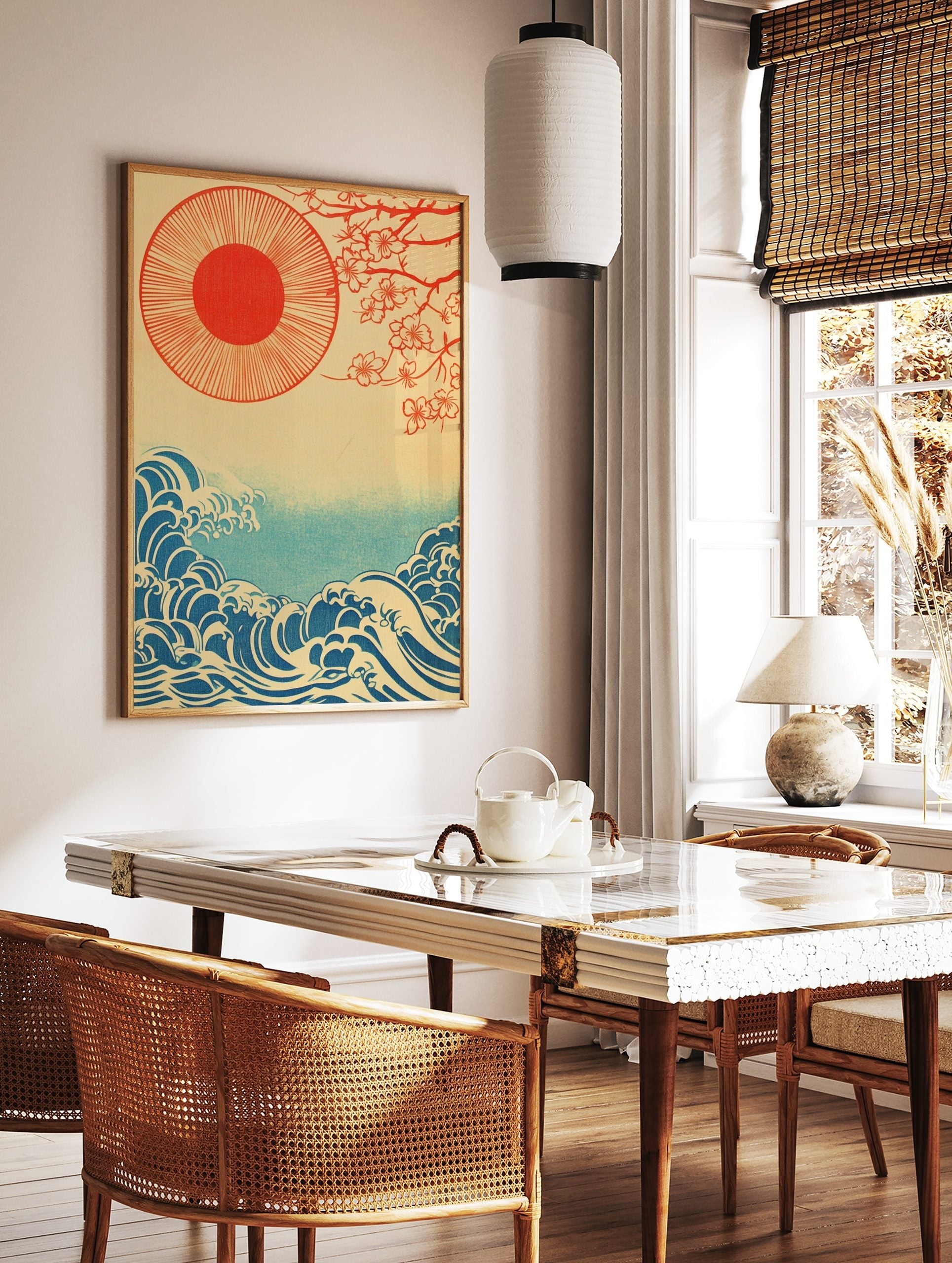 Japanese illustration with red sun, cherry blossom branches, and blue ocean waves on a beige, in a styled room mockup