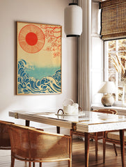 Japanese illustration with red sun, cherry blossom branches, and blue ocean waves on a beige, in a styled room mockup