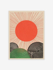 Japanese sun poster with red sun and radiating lines over green and black spiral hills on a beige background.