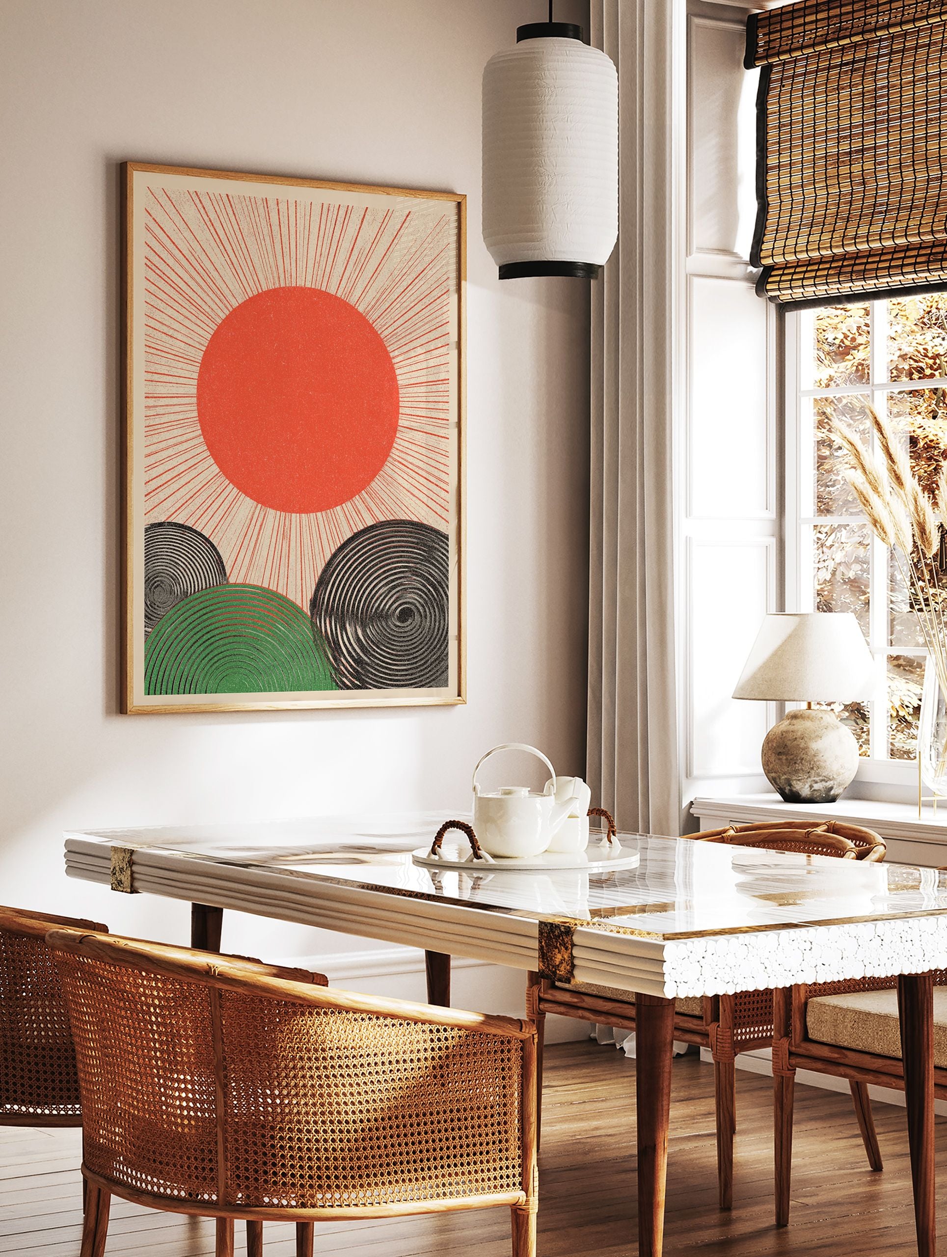 Japanese sun poster with red sun and radiating lines over green and black spiral hills on a beige background. - Image 2