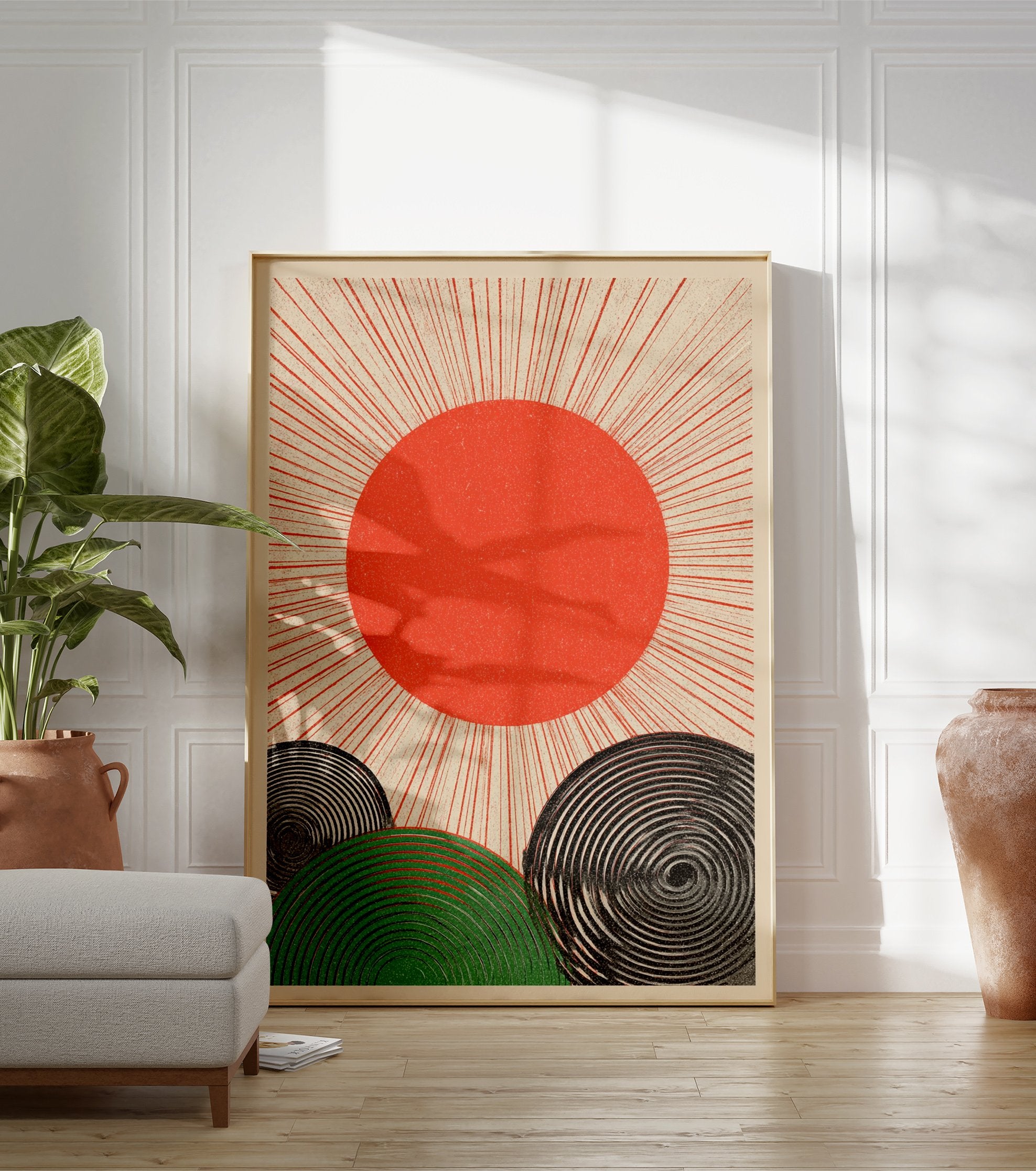 Japanese sun poster with red sun and radiating lines over green and black spiral hills on a beige background. - Image 3