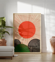 Japanese sun poster with red sun and radiating lines over green and black spiral hills on a beige background. - Image 3