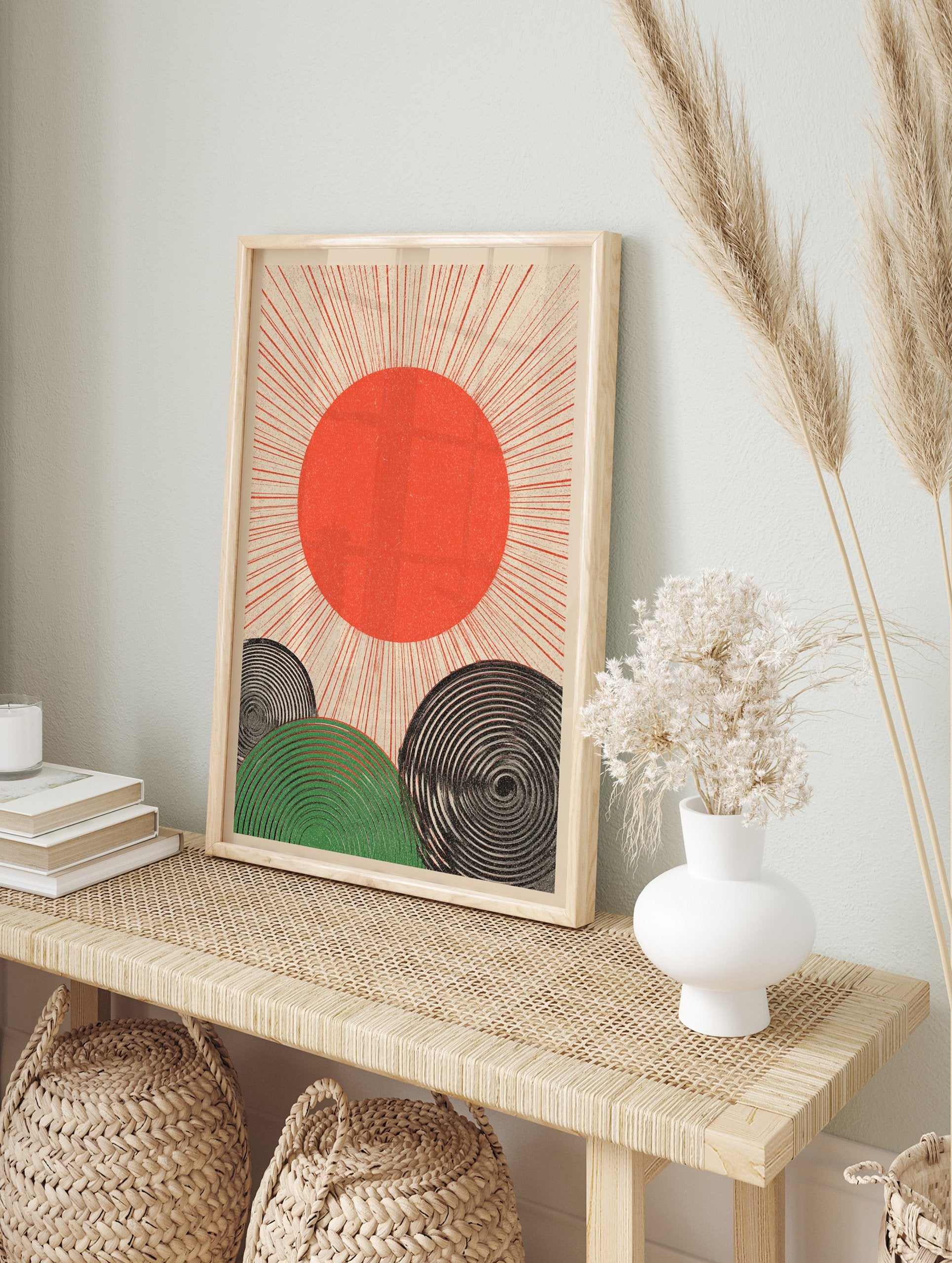 Japanese sun poster with red sun and radiating lines over green and black spiral hills on a beige background. - Image 4