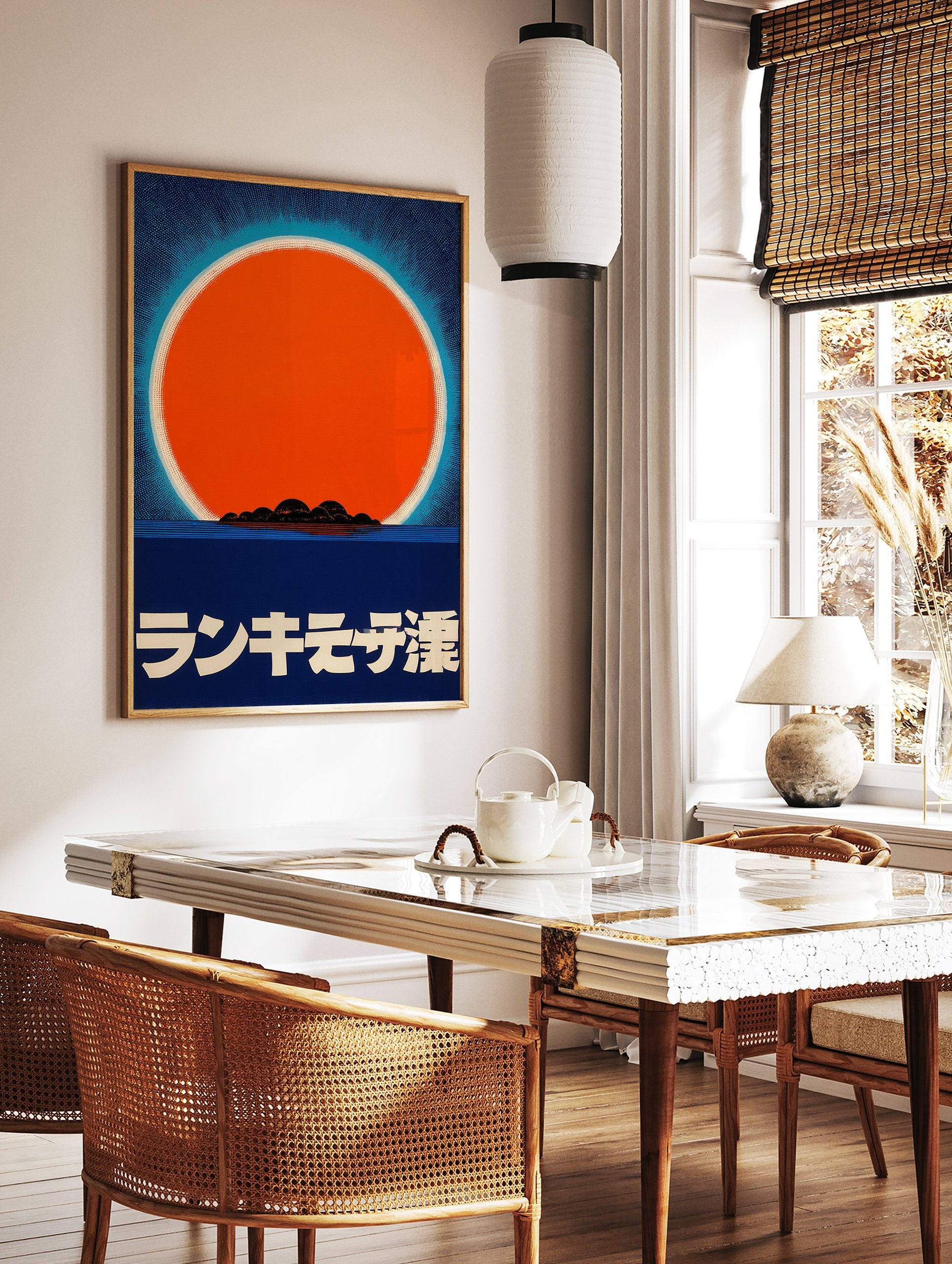 Japanese Sun Poster with a large orange sun, light blue halo, dark blue ocean, and black islands, with Japanese text. - Image 2