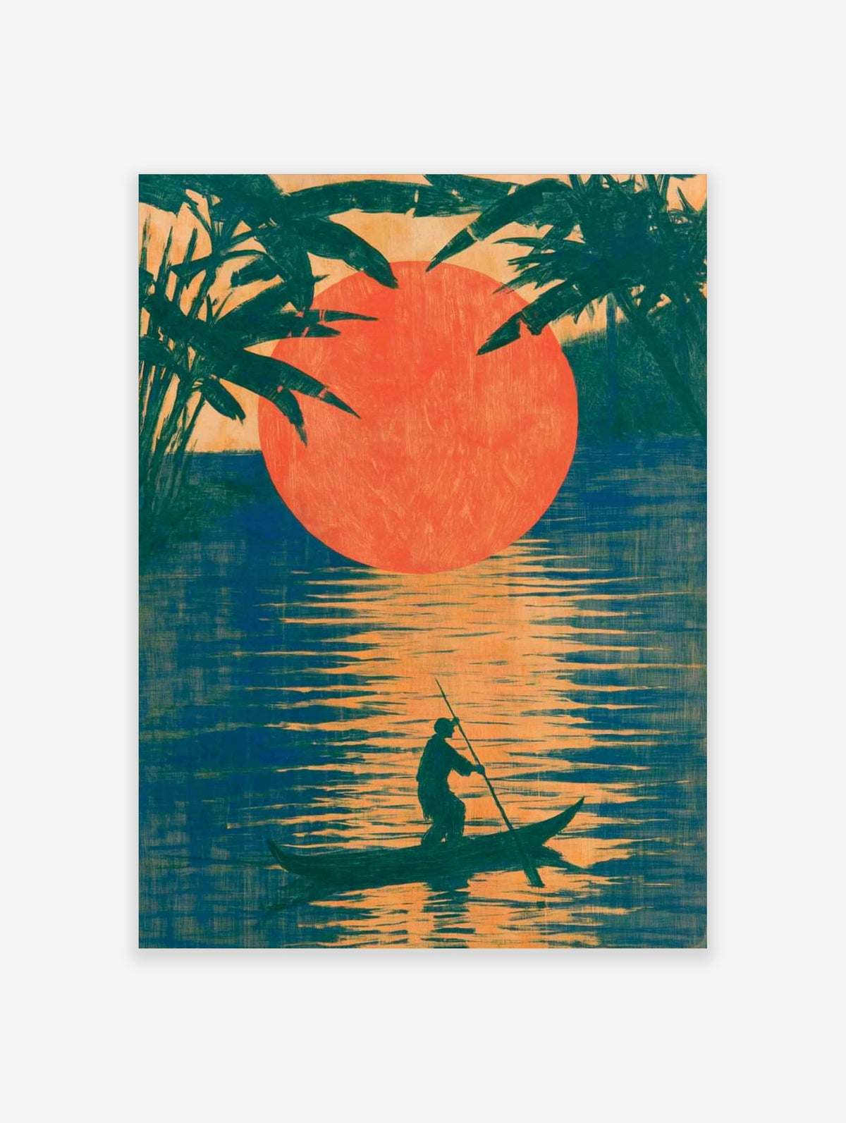 Japanese sunset boat poster with silhouetted figure punting under orange sun and palm leaves