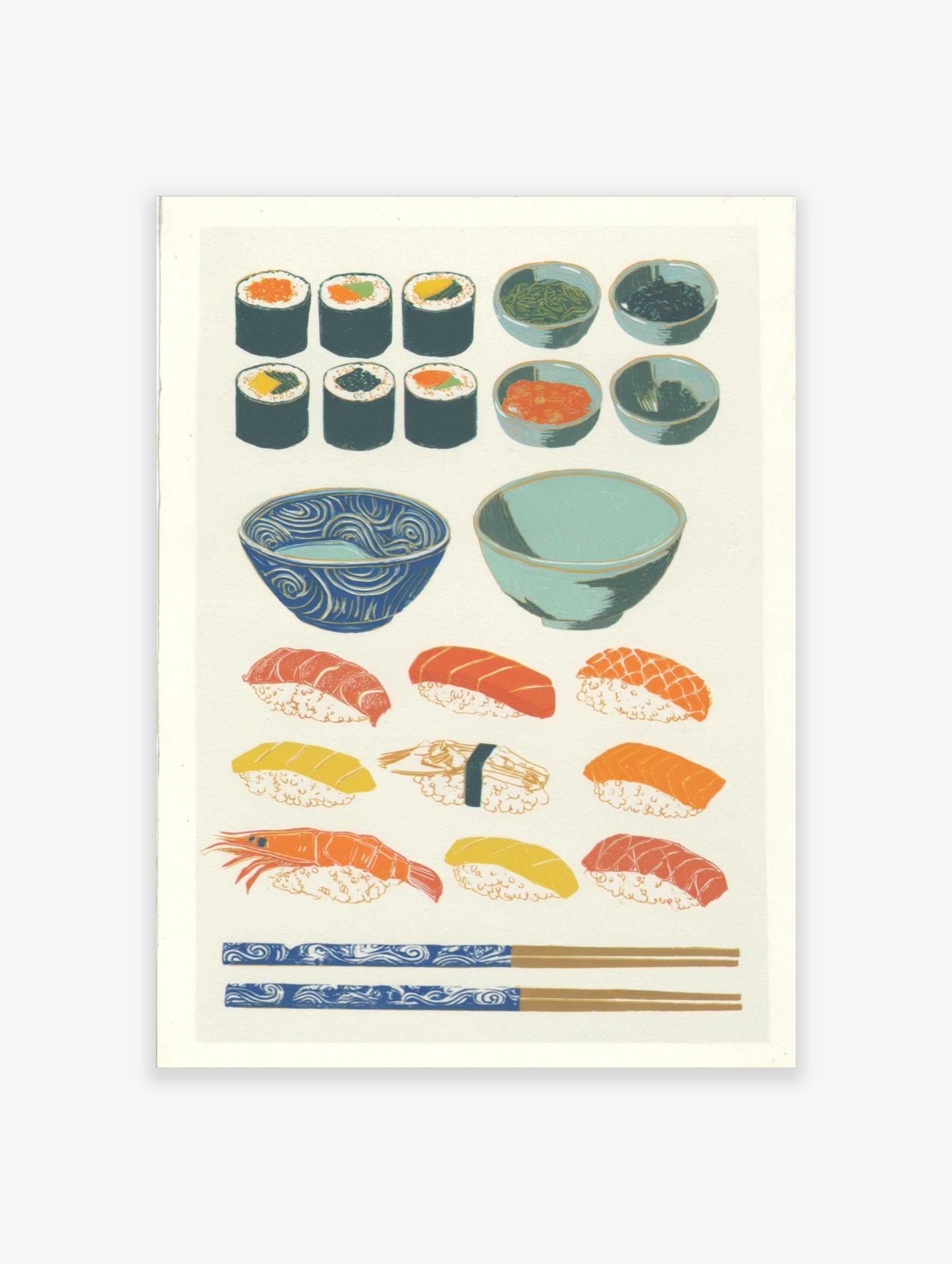 Illustrative Japanese sushi, maki rolls, nigiri, and side dishes with blue bowls and chopsticks on white background