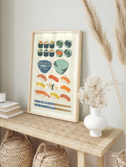 Illustrative Japanese sushi, maki rolls, nigiri, and side dishes with blue bowls and, in an alternate framed mockup